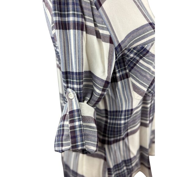 NEW Cloth & Stone XS Plaid Split back Long Sleeve Button Down Shirt Purple White - Picture 4 of 14